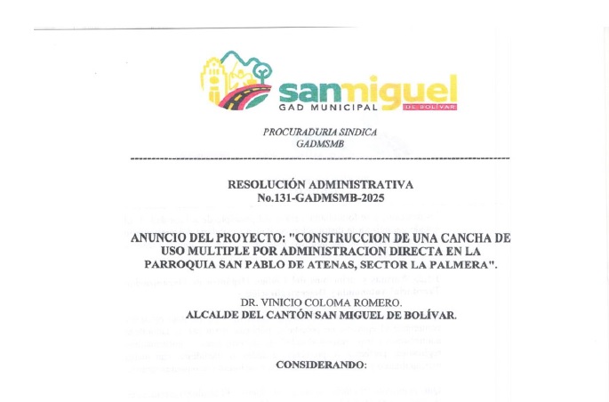 ANUNCIO DEL PROYECTO CONSTRUCCION DE UNA CANCHA DE USO MULTIPLE POR ADMINISTRACION DIRECTA EN LA PARROQUIA SAN PABLO DE ATENAS SECTOR LA PALMERA